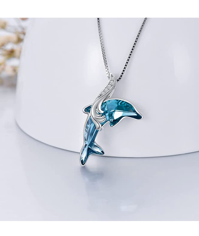 Blue Crystal Dolphin Pendant Diamond Necklace Island Dolphin Beach Jewelry Tropical Chain 925 Sterling Silver Birthday Gift 20in.