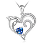 Blue Diamond Heart Dolphin Pendant Necklace Island Dolphin Beach Jewelry Tropical Chain 925 Sterling Silver Birthday Gift 20in.