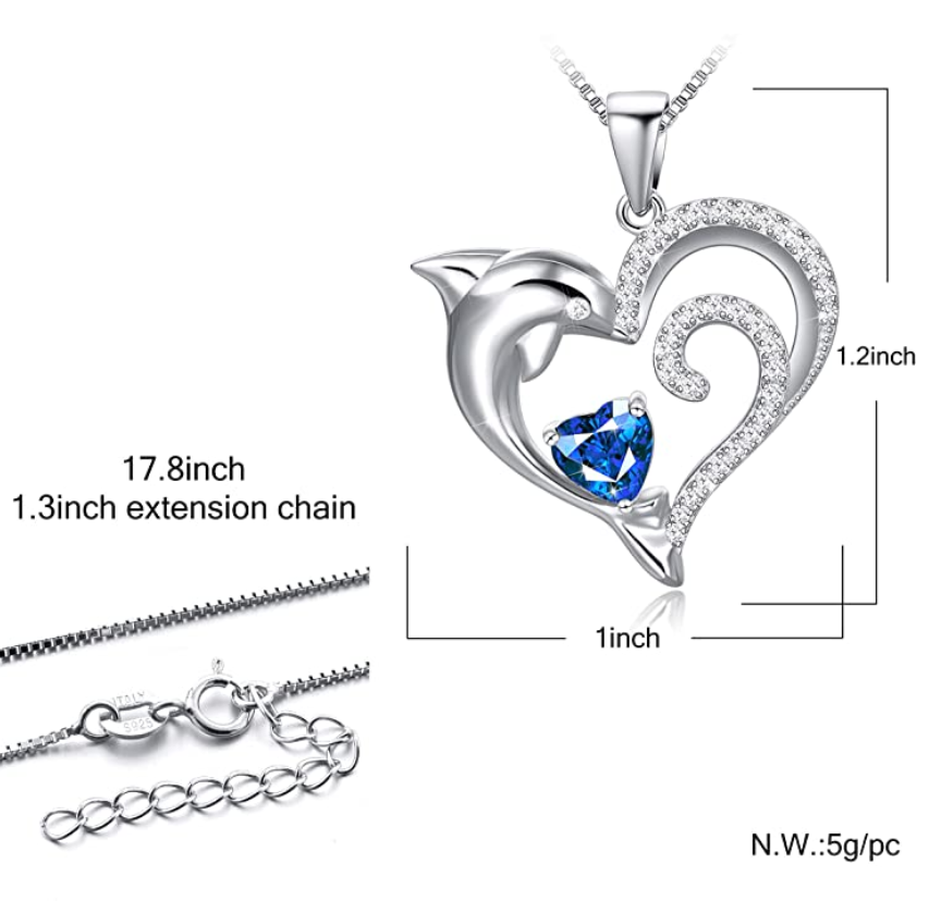 Blue Diamond Heart Dolphin Pendant Necklace Island Dolphin Beach Jewelry Tropical Chain 925 Sterling Silver Birthday Gift 20in.