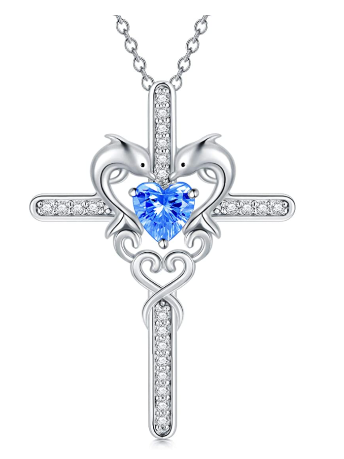 Blue Diamond Heart Dolphin Cross Pendant Necklace Island Dolphin Beach Holy Cross Jewelry Tropical Chain 925 Sterling Silver Birthday Gift 20in.