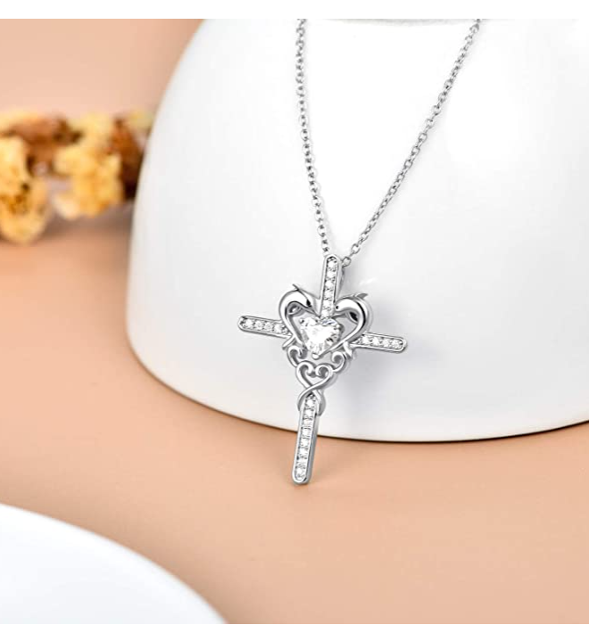 Blue Diamond Heart Dolphin Cross Pendant Necklace Island Dolphin Beach Holy Cross Jewelry Tropical Chain 925 Sterling Silver Birthday Gift 20in.