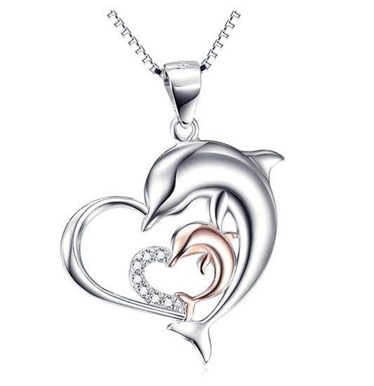 Rose Gold Baby Dolphin Family Heart Necklace Diamond Pendant Island Dolphin Beach Jewelry Tropical Chain Birthday Gift 925 Sterling Silver 18in.