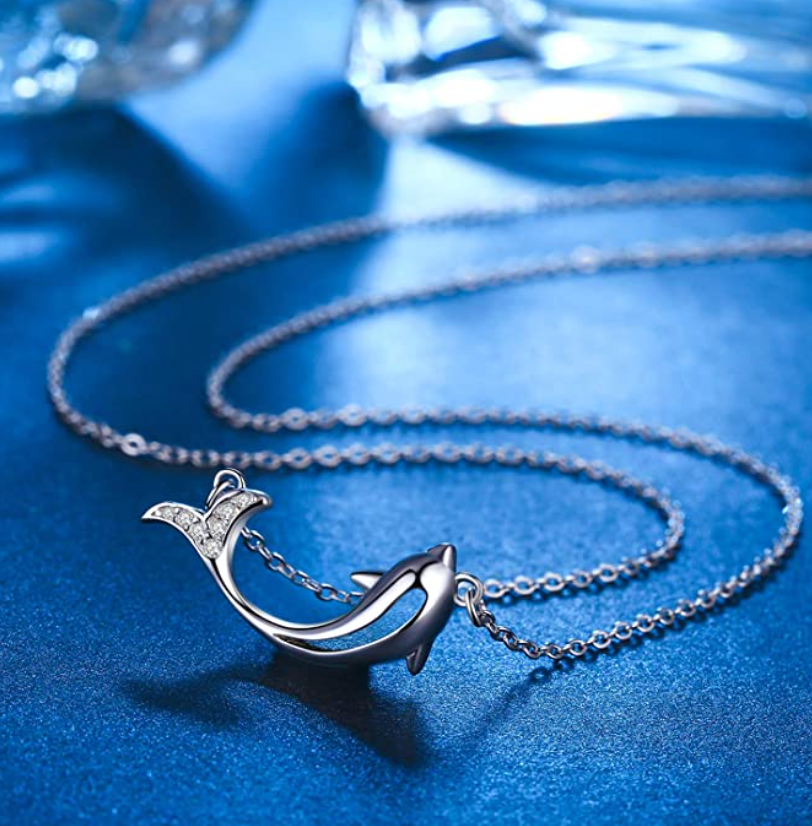 Diamond Dolphin Necklace Pendant Island Dolphin Beach Jewelry Tropical Chain Birthday Gift 925 Sterling Silver 20in.