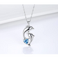 Blue Diamond Heart Dolphin Necklace Pendant Island Two Dolphin Beach Jewelry Tropical Chain Birthday Gift 925 Sterling Silver 20in.
