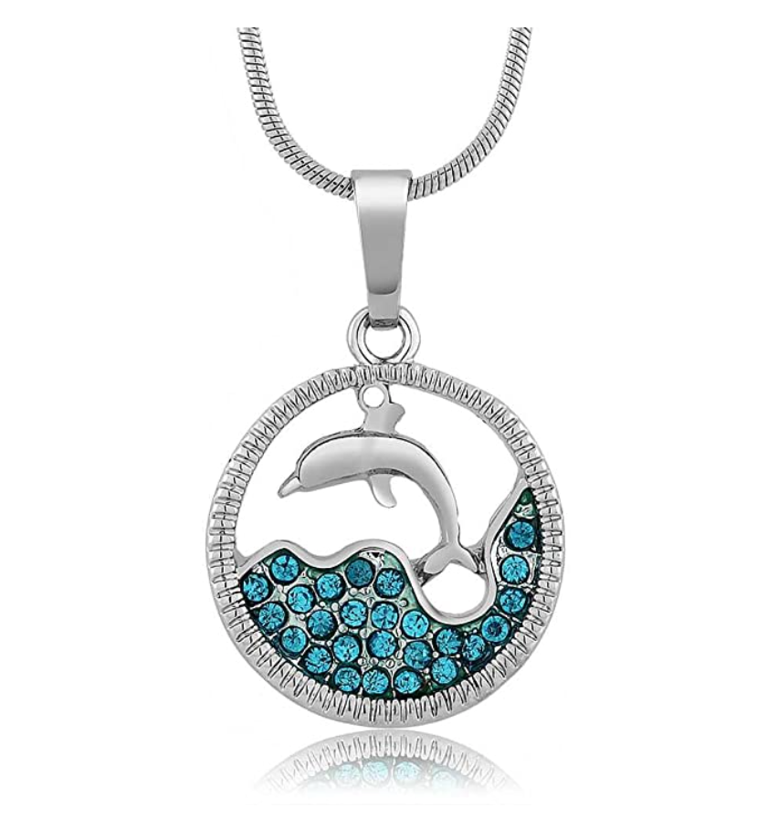 Dolphin Water Necklace Pendant Island Dolphin Beach Jewelry Tropical Chain Birthday Gift 925 Sterling Silver 18in.