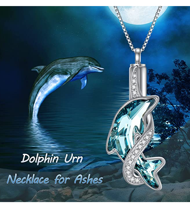 Crystal Blue Dolphin Necklace Diamond Urn Ash Holder Pendant Island Dolphin Beach Memorial Jewelry Tropical Chain Birthday Gift 925 Sterling Silver 20in.