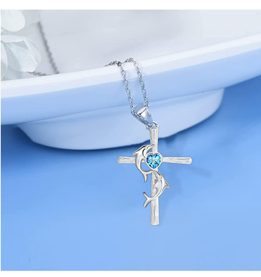 Blue Diamond Heart Cross Dolphin Necklace Pendant Island Holy Cross Dolphin Beach Memorial Jewelry Tropical Chain Birthday Gift 925 Sterling Silver 20in.