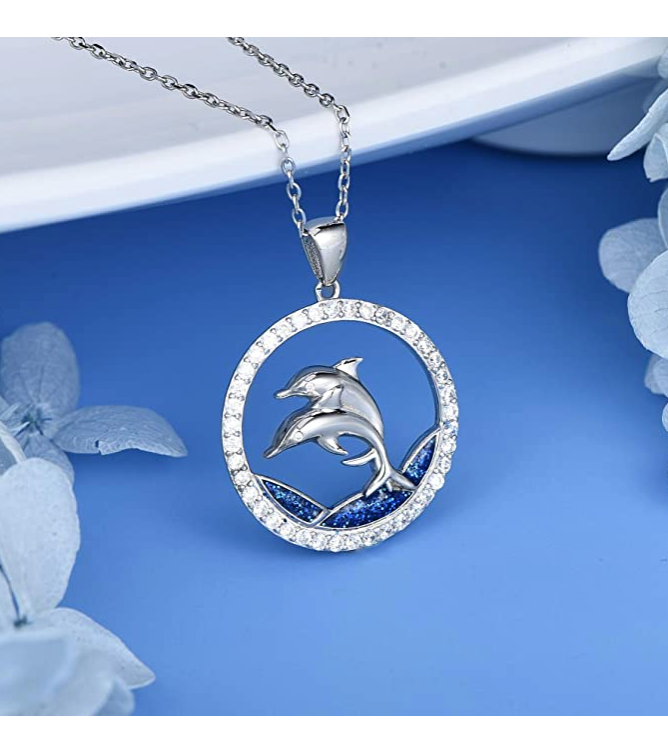 Dolphin Family Necklace Blue Water Pendant Island Dolphin Beach Memorial Jewelry Tropical Chain Birthday Gift 925 Sterling Silver 20in.