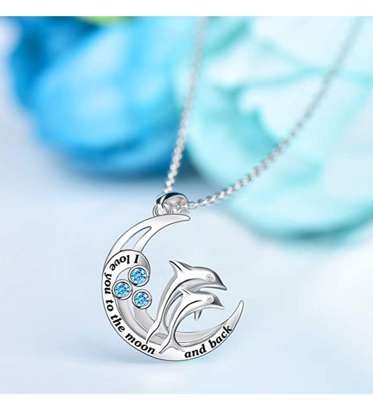 Crescent Moon Dolphin Love Necklace Blue Water Pendant Island Dolphin Beach Memorial Jewelry Tropical Chain Birthday Gift 925 Sterling Silver 20in.