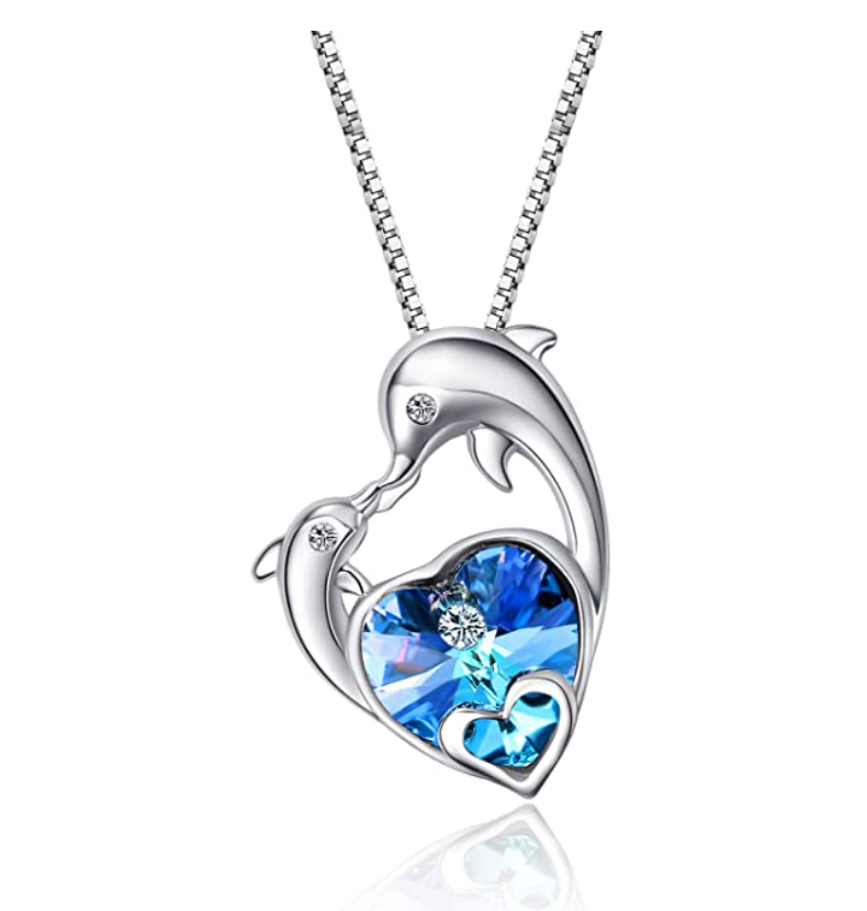 Baby Dolphin Kiss Love Heart Necklace Blue Diamond Crystal Pendant Island Dolphin Family Beach Memorial Jewelry Tropical Chain Birthday Gift 925 Sterling Silver 20in.