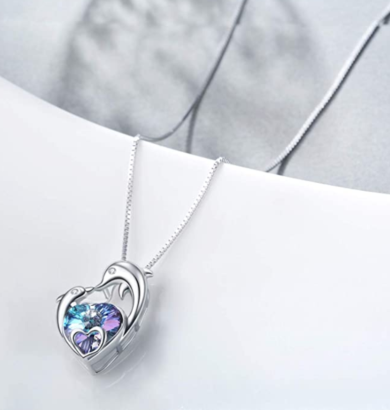 Baby Dolphin Kiss Love Heart Necklace Blue Diamond Crystal Pendant Island Dolphin Family Beach Memorial Jewelry Tropical Chain Birthday Gift 925 Sterling Silver 20in.