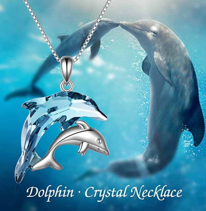 Two Dolphin Necklace Blue Diamond Crystal Pendant Island Dolphin Family Beach Memorial Jewelry Tropical Chain Birthday Gift 925 Sterling Silver 20in.