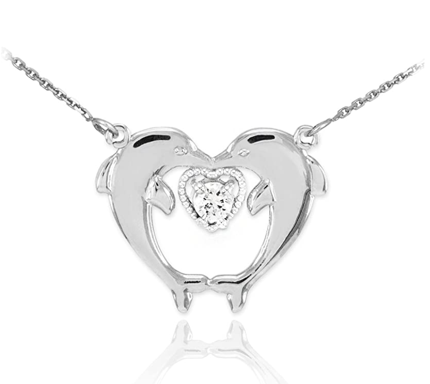 Two Dolphins Kissing Heart Diamond Pendant Necklace Dolphin Jewelry Chain Birthday Gift 925 Sterling Silver