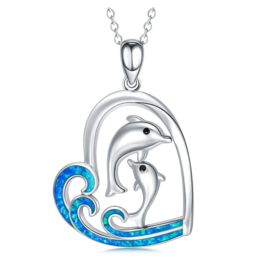 Blue Wave Two Dolphin Pendant Necklace Island Dolphin Beach Jewelry Chain Birthday Gift 925 Sterling Silver 20in.