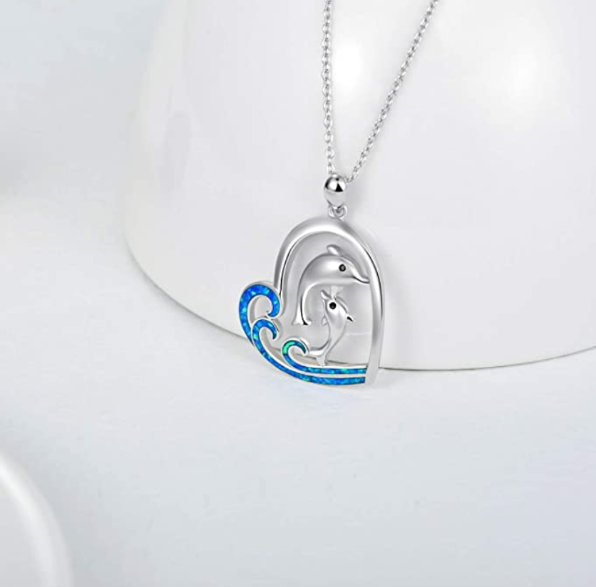 Blue Wave Two Dolphin Pendant Necklace Island Dolphin Beach Jewelry Chain Birthday Gift 925 Sterling Silver 20in.