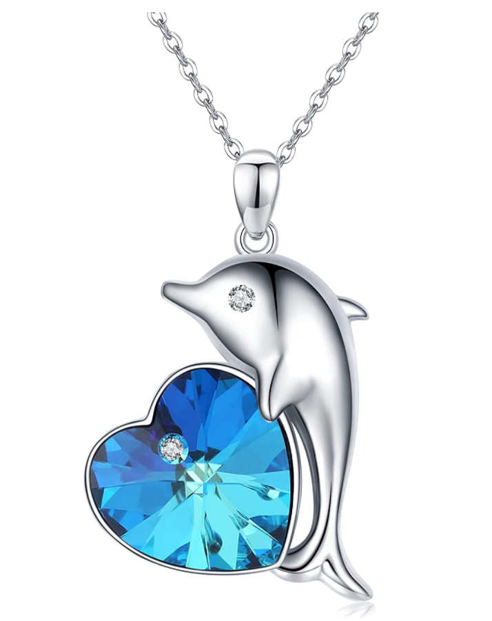 Blue Diamond Heart Dolphin Pendant Necklace Island Dolphin Beach Jewelry Chain Birthday Gift 925 Sterling Silver 20in.