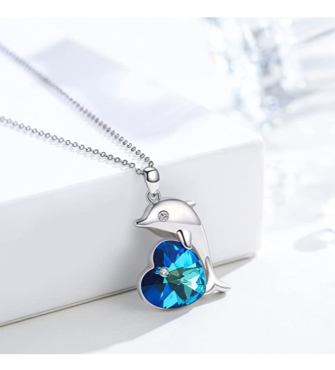 Blue Diamond Heart Dolphin Pendant Necklace Island Dolphin Beach Jewelry Chain Birthday Gift 925 Sterling Silver 20in.