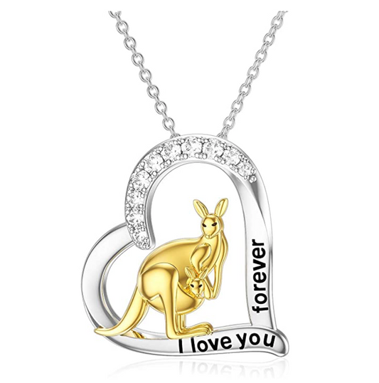 Kangaroo Heart Pendant Diamond Love Necklace Kangaroo Mother Child Family Pouch Australian Jewelry Chain 925 Sterling Silver Birthday Gift 20in.