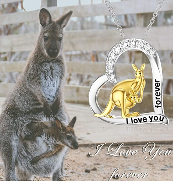 Kangaroo Heart Pendant Diamond Love Necklace Kangaroo Mother Child Family Pouch Australian Jewelry Chain 925 Sterling Silver Birthday Gift 20in.