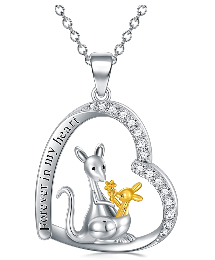Kangaroo Mother Child Family Pouch Necklace Kangaroo Love Heart Pendant Diamond Australian Jewelry Chain 925 Sterling Silver Birthday Gift 20in.