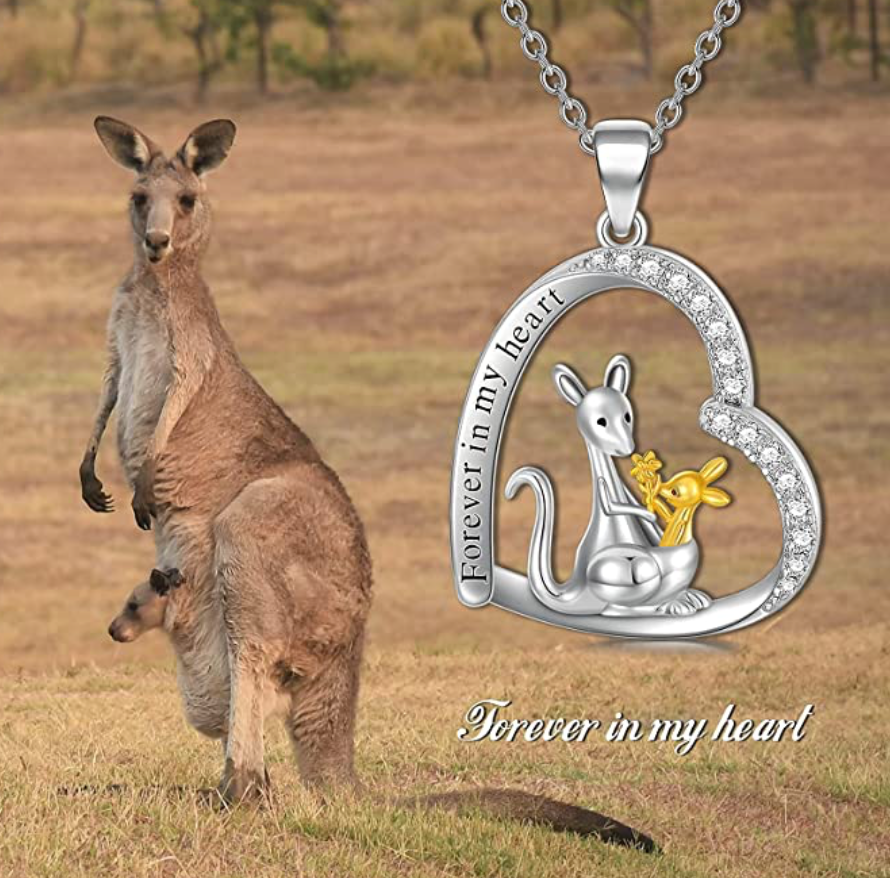 Kangaroo Mother Child Family Pouch Necklace Kangaroo Love Heart Pendant Diamond Australian Jewelry Chain 925 Sterling Silver Birthday Gift 20in.