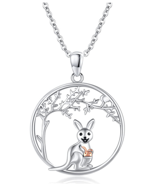 Kangaroo Necklace Circle Medallion Kangaroo Family Mother & Child Pendant Australian Jewelry Chain Birthday Gift 925 Sterling Silver 20in.