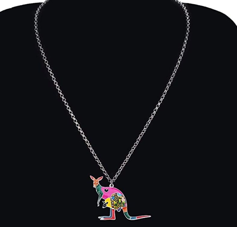 Colorful Kangaroo Necklace Love Flower Heart Kangaroo Pendant Australian Jewelry Chain Birthday Gift 22in.