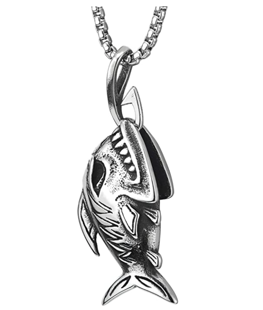 Shark Sharp Teeth Fish Skeleton Bone Pendant Anglerfish Jewelry Shark Necklace Fish Hook Chain Angler Fish Fisherman Birthday Gift Stainless Steel 30in.