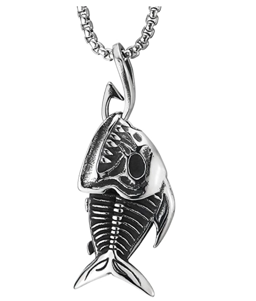 Shark Sharp Teeth Fish Skeleton Bone Pendant Anglerfish Jewelry Shark Necklace Fish Hook Chain Angler Fish Fisherman Birthday Gift Stainless Steel 30in.