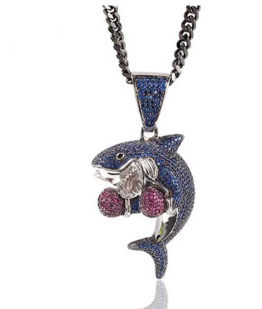 Gold Diamond Boxing Shark Pendant Jewelry Blue Shark Boxer Necklace Chain Iced Out 24in.