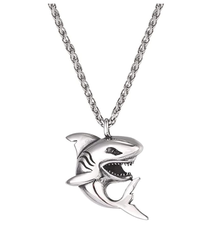 Silver Shark Pendant Shark Necklace Gold Black Stainless Steel Chain 24in.