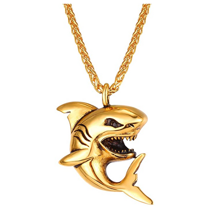 Gold Shark Pendant Shark Necklace Silver Black Stainless Steel Chain 24in.