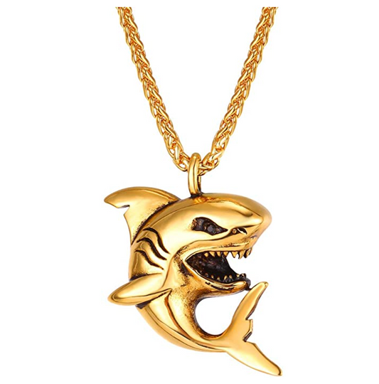Silver Shark Pendant Shark Necklace Gold Black Stainless Steel Chain 24in.