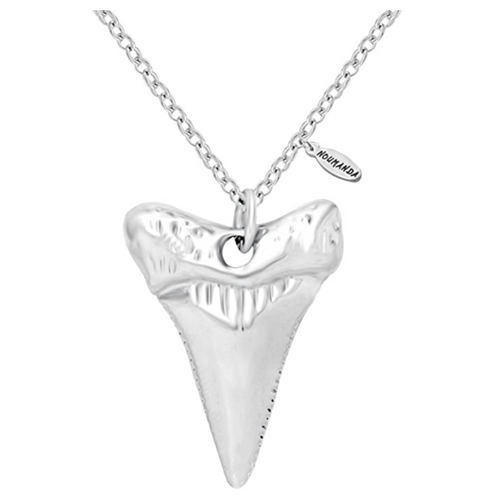 Silver Shark Tooth Pendant Druzy Necklace Shark Tooth Charm Chain Birthday Gift 20in.