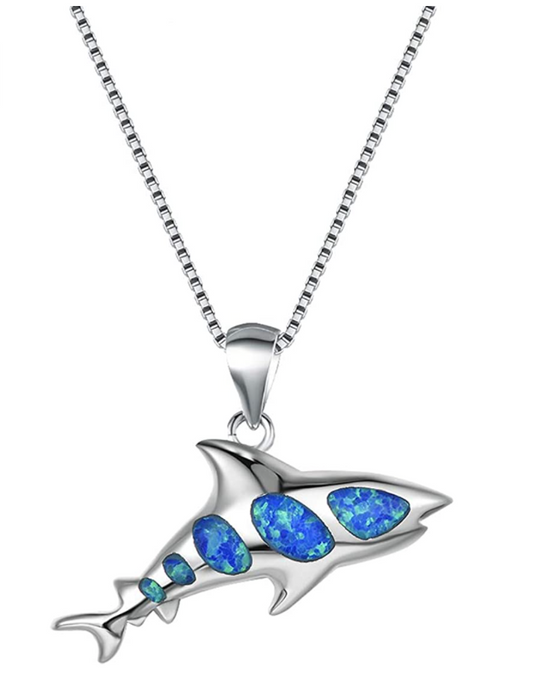 Blue Opal Shark Necklace Pendant Shark Charm White Opal Birthday Gift 925 Sterling Silver Chain 18in.