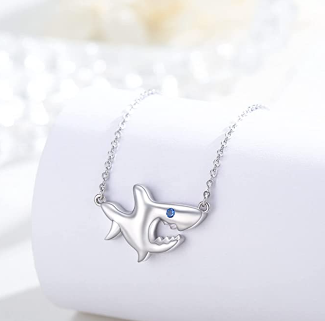 Cute Shark Necklace Pendant Blue Diamond Shark Jewelry Charm Birthday Gift 925 Sterling Silver Chain 20in.