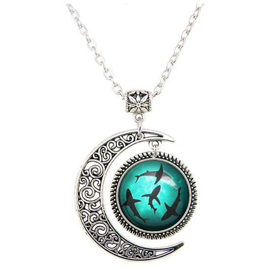 Circling Sharks Moon Pendant Blue Ocean Necklace Crescent Moon Half Moon Pendant Shark Jewelry Charm Birthday Gift 925 Sterling Silver Chain 20in.