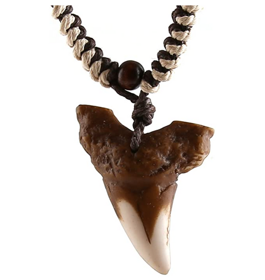 Brown Hawaiian Natural Shark Tooth Pendant Beaded Rope Cord Necklace Lucky Shark Tooth Fossil Bone Charm Chain Surfer Jewelry Birthday Gift 18 - 30in.