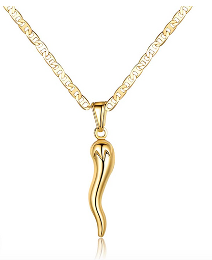 Mens & Womens Gold Italian Horn Pendant Italian Jewelry Cornicello Pepper Necklace Lucky Charm Strength Protection Chain Birthday Gift Stainless Steel 18- 24in.