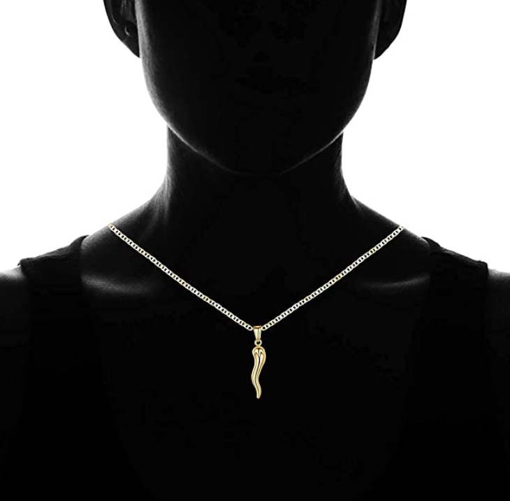 Mens & Womens Gold Italian Horn Pendant Italian Jewelry Cornicello Pepper Necklace Lucky Charm Strength Protection Chain Birthday Gift Stainless Steel 18- 24in.