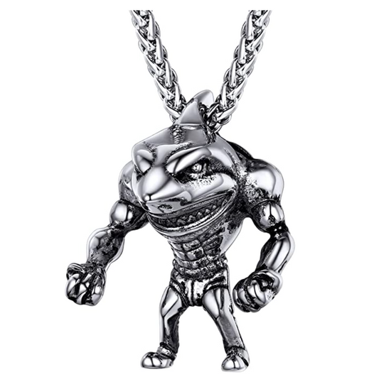 Muscle Shark Pendant Strong Shark Necklace Workout Gym Boxer Bodybuilder Biker Jewelry Gold Silver Black Stainless Steel Chain 24in.