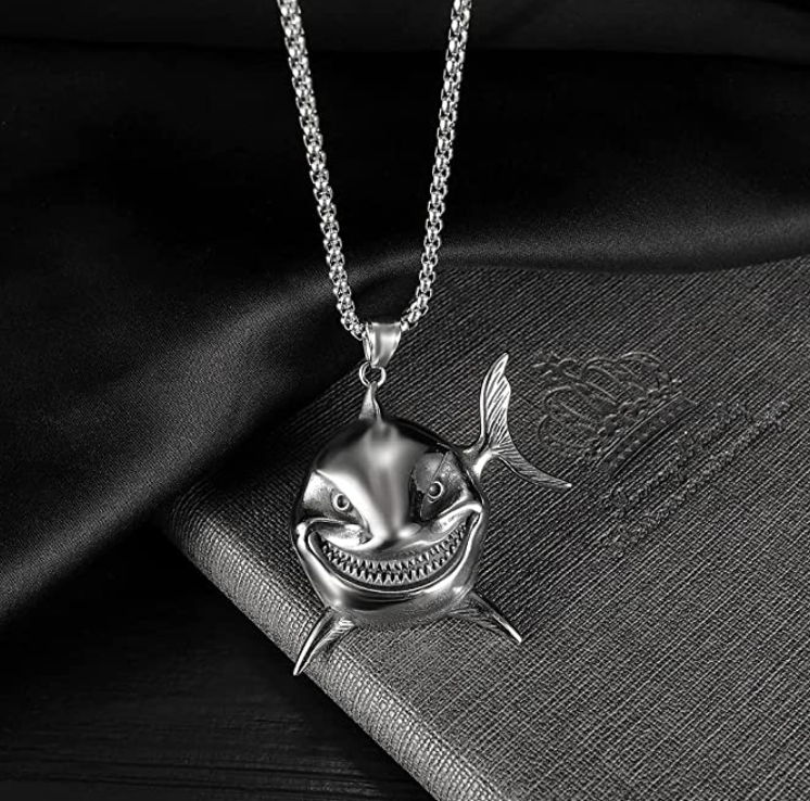 Stainless Steel Shark Pendant Shark Necklace Biker Jewelry Silver Chain 24in.