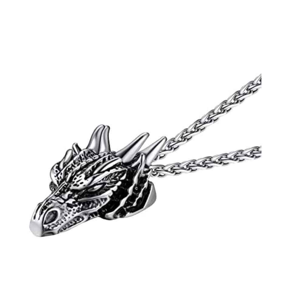 Gold Dragon Head Pendant Chinese Japanese Jewelry Asian Dragon Necklace Spirit Animal Zodiac Lucky Silver Black Stainless Steel Chain Birthday Gift 24in.