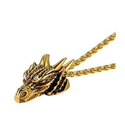 Gold Dragon Head Pendant Chinese Japanese Jewelry Asian Dragon Necklace Spirit Animal Zodiac Lucky Silver Black Stainless Steel Chain Birthday Gift 24in.