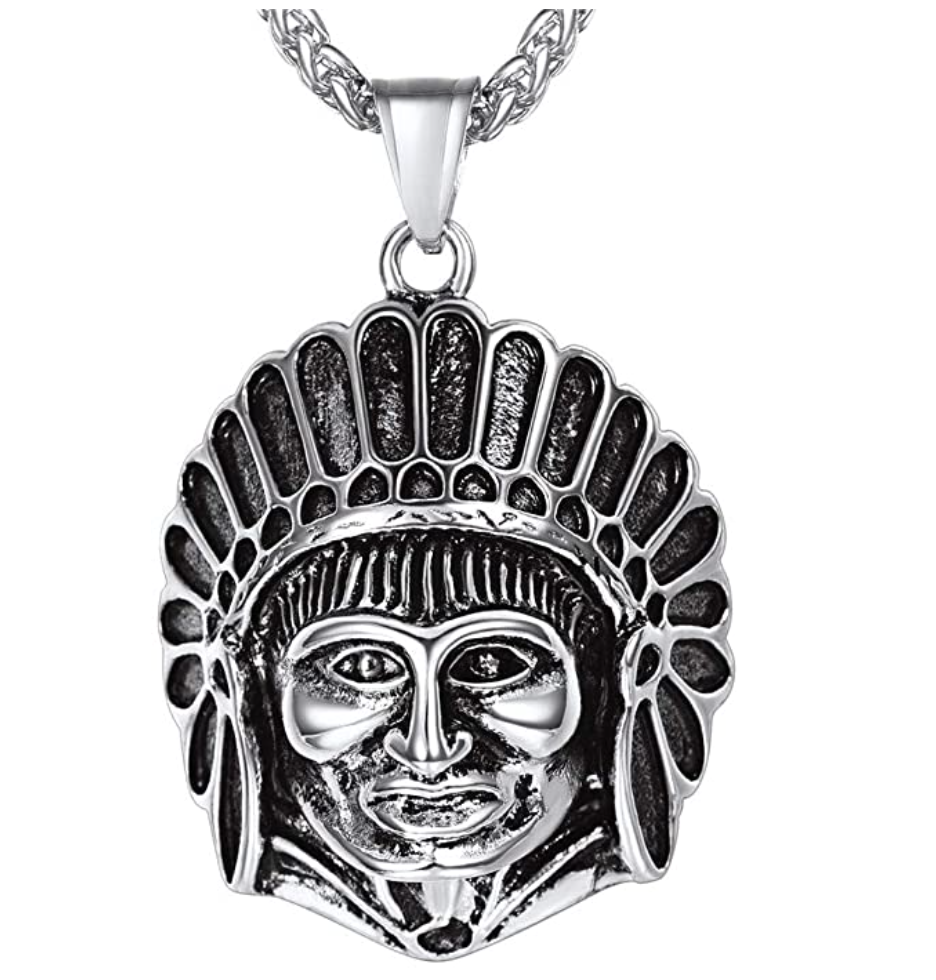 Gold Indian Head Pendant Native American Aztec Jewelry Indian Tribe Leader Silver Stainless Steel Chain Birthday Gift 22in.