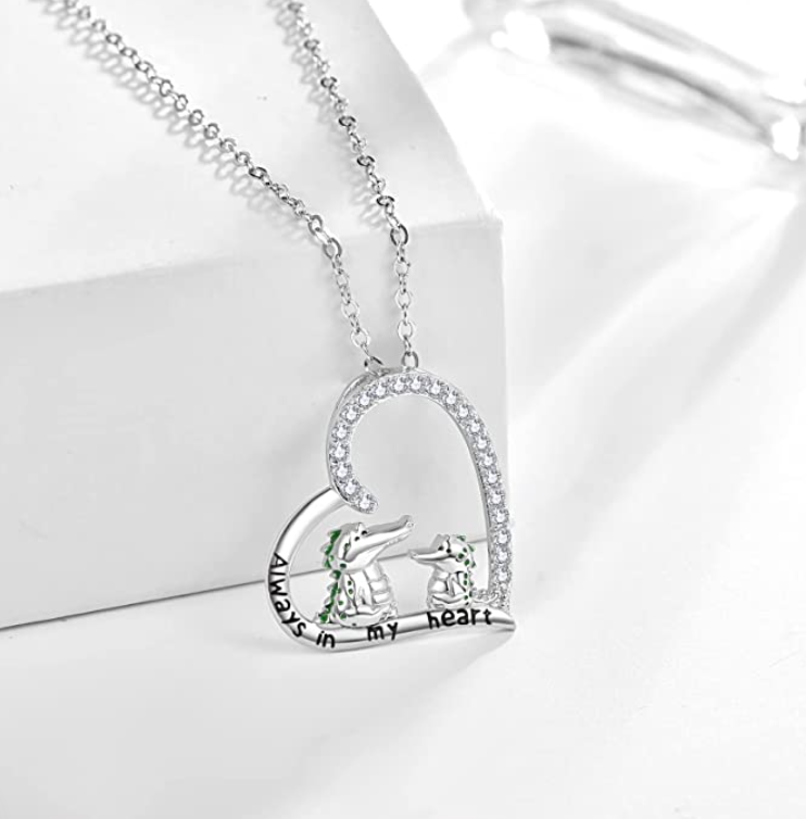 Green Alligator Heart Pendant Love Crocodile Diamond Necklace Lizard Charm Mother & Child Family Gator Jewelry Birthday Gift 925 Sterling Silver Chain 20in.
