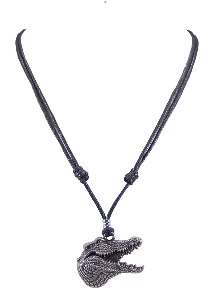 Alligator Head Pendant Crocodile Cord Rope Necklace Lizard Charm Gator Head Jewelry Birthday Gift Stainless Steel 18-34 in.