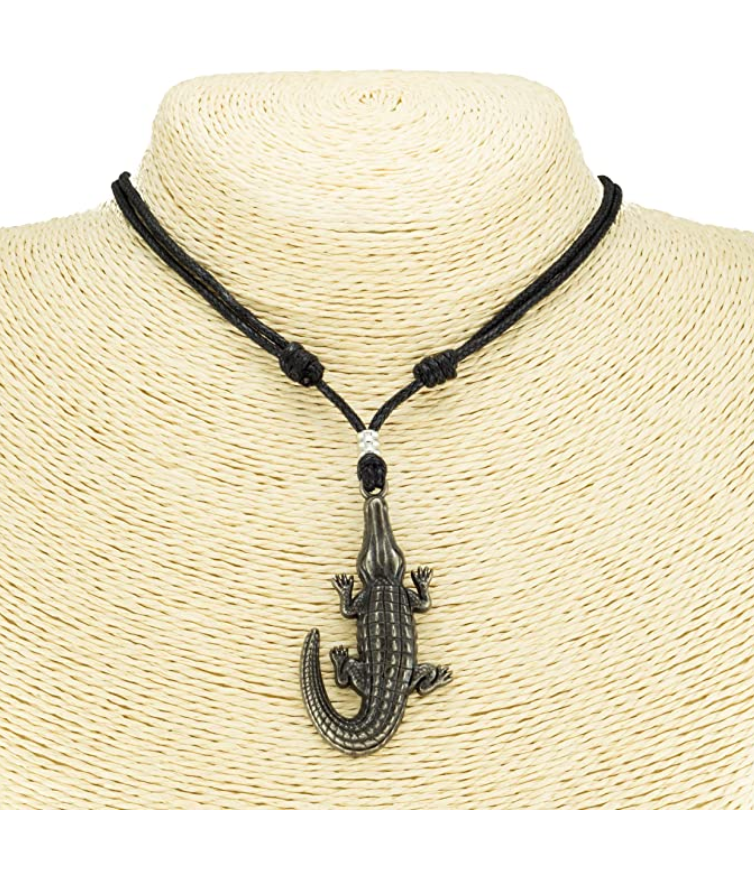 Alligator Pendant Crocodile Cord Rope Necklace Lizard Charm Gator Head Jewelry Birthday Gift Stainless Steel 18-34 in.