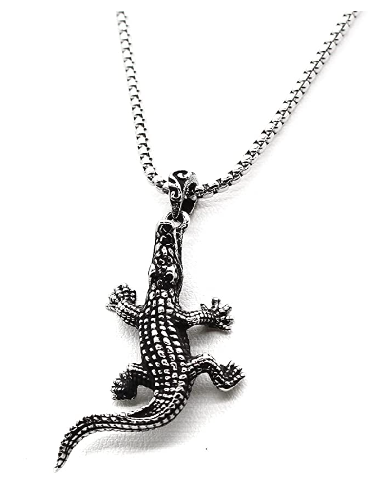 Silver Black Alligator Pendant Chain Crocodile Necklace Lizard Charm Gator Jewelry Birthday Gift Stainless Steel 24in.