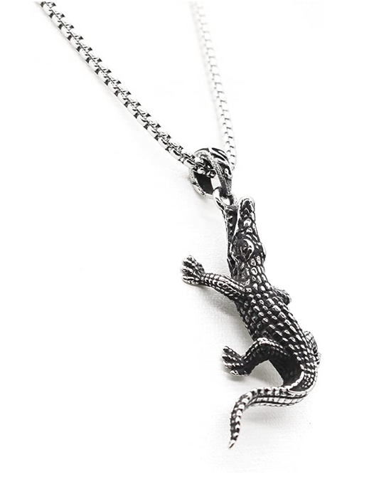 Silver Black Alligator Pendant Chain Crocodile Necklace Lizard Charm Gator Jewelry Birthday Gift Stainless Steel 24in.